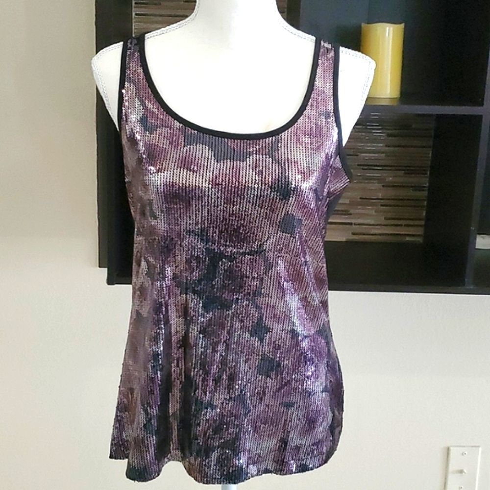 Madison Y2K Black & Purple Rose Floral Sequined Goth Party Nightout Tank Top M